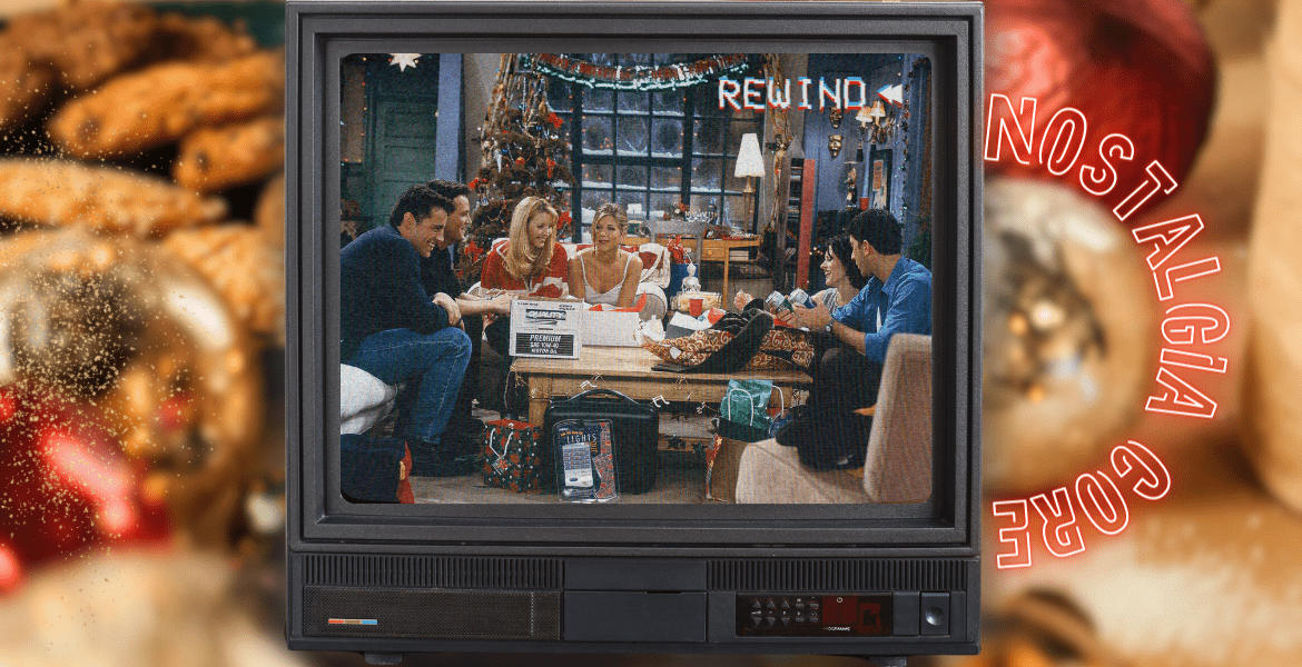 Photo vintage de l'appartement des personnages de Friends décoré pour Noël. Ambiance Nostalgia-Core mêlant traditions des années 90 et convivialité moderne. Cookies festifs et ambiance télé rétro pour un Noël chaleureux et nostalgique.