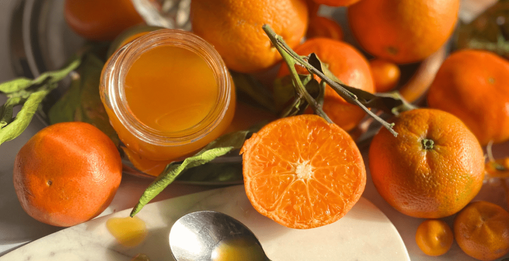 Image mise en avant pour la recette du sirop épicé de mandarines, mettant en valeur la richesse de la couleur orange et la fraîcheur des agrumes. Recette sur Deliciously Home.