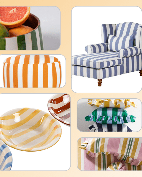 Dopamine déco : sélection printanière d'objets à rayures pour faire entrer joie et énergie positive chez vous ! Explorez cette tendance pleine de vitalité sur Deliciously Home.
