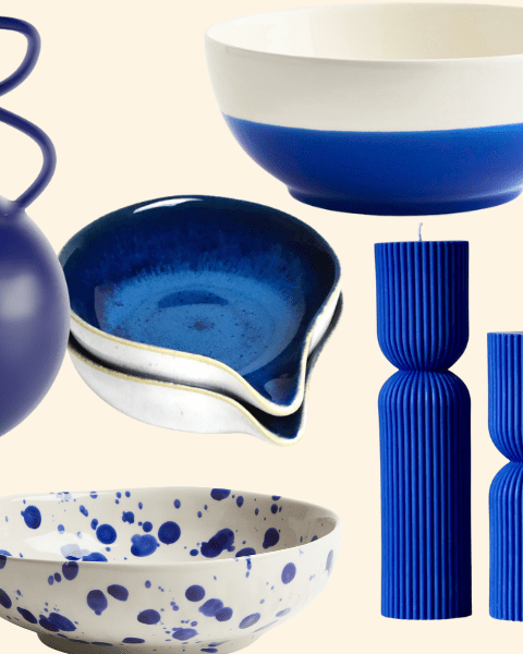 Décoration intérieure en bleu Égéen : sélection d’objets design et artisanaux aux teintes méditerranéennes pour une ambiance estivale apaisante.