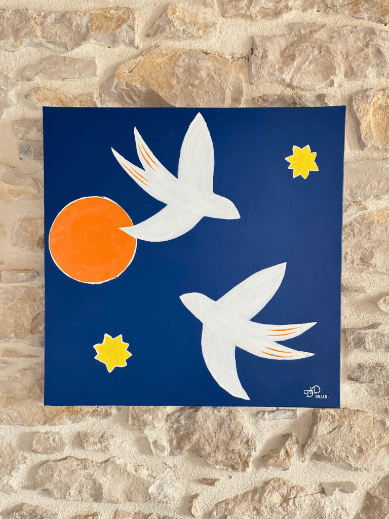 Peinture d’été réalisée à quatre mains, inspirée de Matisse : entre soleil orange, oiseaux en liberté et joie simple de créer