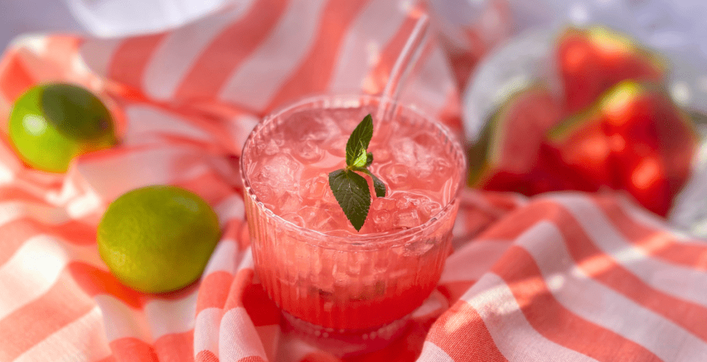 homepage eau petillante pasteque citron deliciouslyhome eau pétillante pastèque citron vert et menthe sur fond rayé d'été – une recette fraîche signée Deliciously Home, parfaite pour l'été.