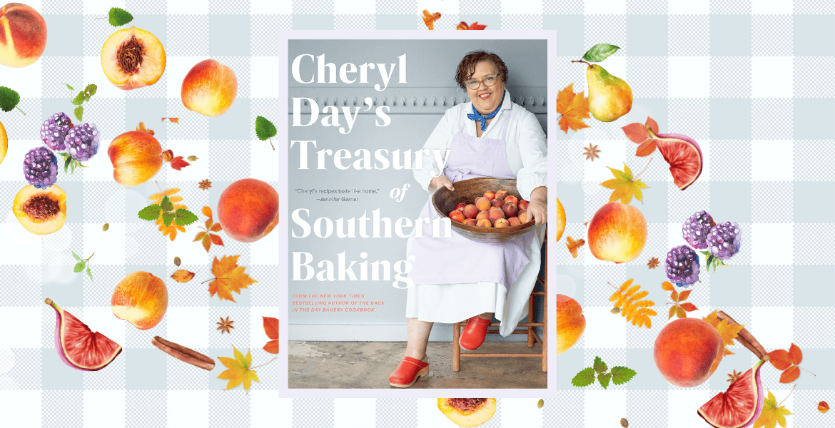 Le livre « Cheryl Day’s Treasury of Southern Baking » présenté sur le blog Deliciously Home, entouré d’illustrations de pêches, mûres et épices d’automne pour la sélection Cook That Book.