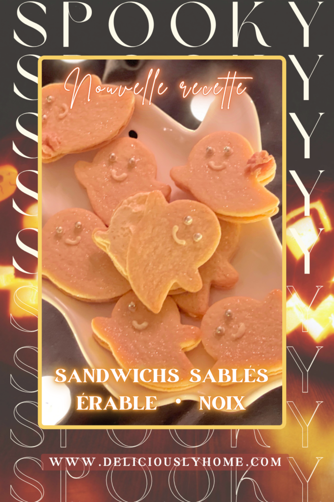 Biscuits sablés fantômes à l’érable et noix de Grenoble, juste pailletés. Une recette automnale joyeusement spooky, signée Deliciously Home.