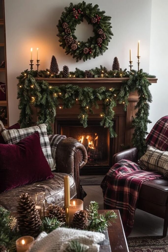 Salon de Noël chaleureux avec cheminée allumée, couronne et guirlandes de sapin, fauteuils en cuir et textiles tartan, dans une ambiance Ralph Lauren feutrée.