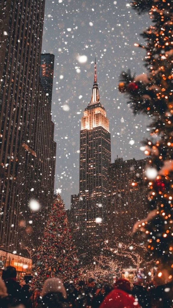 Empire State Building sous la neige, sapins illuminés et foule en manteaux d’hiver — ambiance magique d’un Noël new-yorkais iconique, au cœur de l’article sur Deliciously Home.