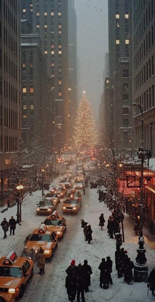 Rue enneigée de New York avec sapin illuminé au loin et taxis jaunes : une image de Noël cinématographique et nostalgique - article sur Deliciously Home.