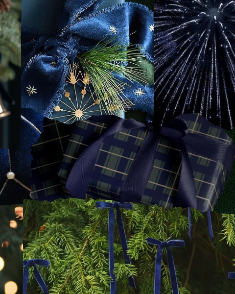 Moodboard de Noël élégant aux tons bleu nuit et vert sapin, avec rubans en tartan, boules de velours, grelots dorés et paquets cadeaux inspirés du style Ralph Lauren. À retrouver sur Deliciously Home.