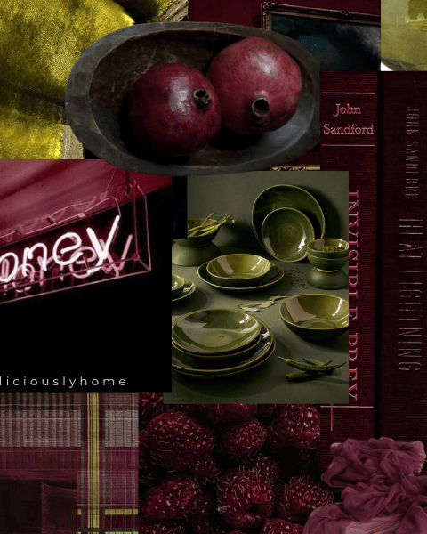 Une combinaison de couleurs parfaite pour l'automne : vert olive et bordeaux. Retrouvez notre carnet de curiosités sur Deliciously Home.
