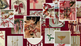 Moodboard déco de Noël avec nœuds de ruban sur verres, bougies, cadeaux et couronne, dans des tons rouges, roses, verts et dorés, ambiance festive et élégante. À découvrir sur www.deliciouslyhome.com