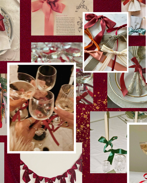 Moodboard déco de Noël avec nœuds de ruban sur verres, bougies, cadeaux et couronne, dans des tons rouges, roses, verts et dorés, ambiance festive et élégante. À découvrir sur www.deliciouslyhome.com