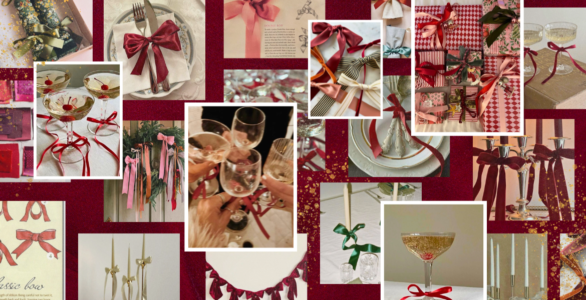 Moodboard déco de Noël avec nœuds de ruban sur verres, bougies, cadeaux et couronne, dans des tons rouges, roses, verts et dorés, ambiance festive et élégante. À découvrir sur www.deliciouslyhome.com