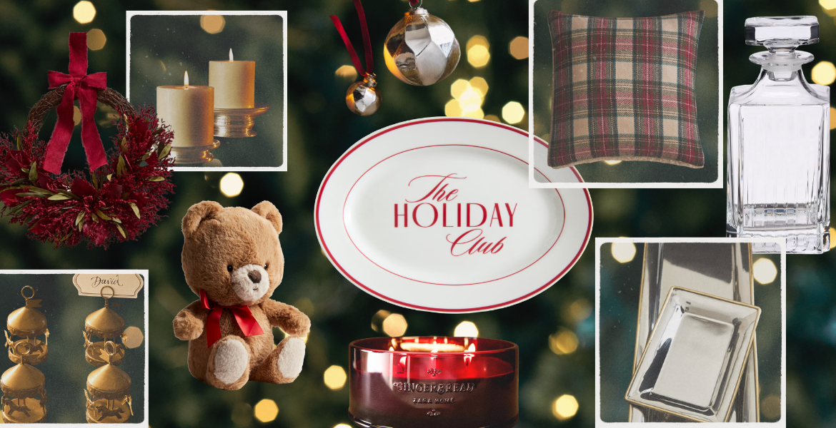 Ambiance de Noël élégante façon Ralph Lauren : tartan vert, assiette vintage, carafe en cristal, couronne rouge, peluche, bougie Gingerbread. Sélection à découvrir sur Deliciously Home.