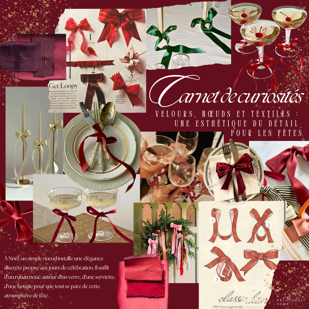 Idées de décoration de Noël avec nœuds en ruban en velours et satin, sur table, portes et cadeaux, dans des tons rouges, verts, roses et ivoire. À découvrir sur www.deliciouslyhome.com