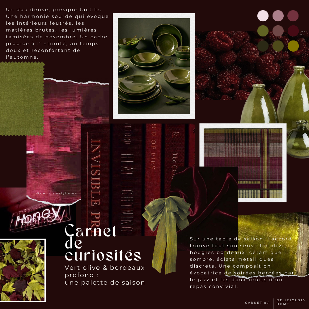 Moodboard décoration automne-hiver mêlant vert olive et bordeaux profond, matières brutes et ambiance feutrée. Découvrez l'article sur Deliciously Home.
