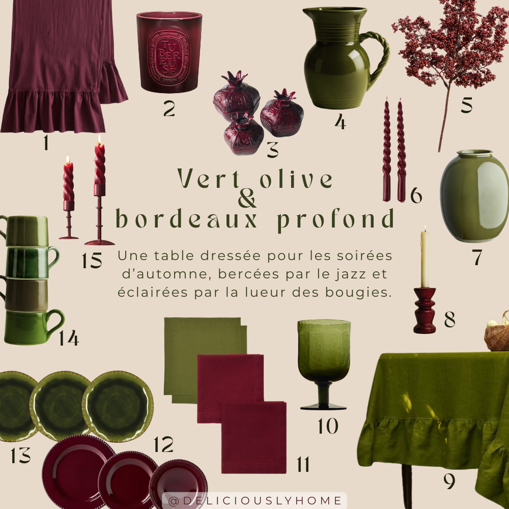 15 objets déco pour créer une table automnale avec le combo vert olive-bordeaux.