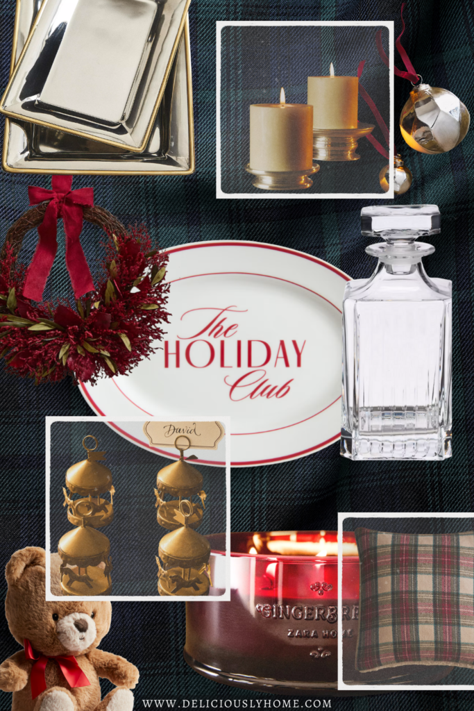 Moodboard de Noël inspiré Ralph Lauren : coussin écossais, ours en peluche, assiette “The Holiday Club”, bougies et décorations classiques. Sélection à découvrir sur Deliciously Home.