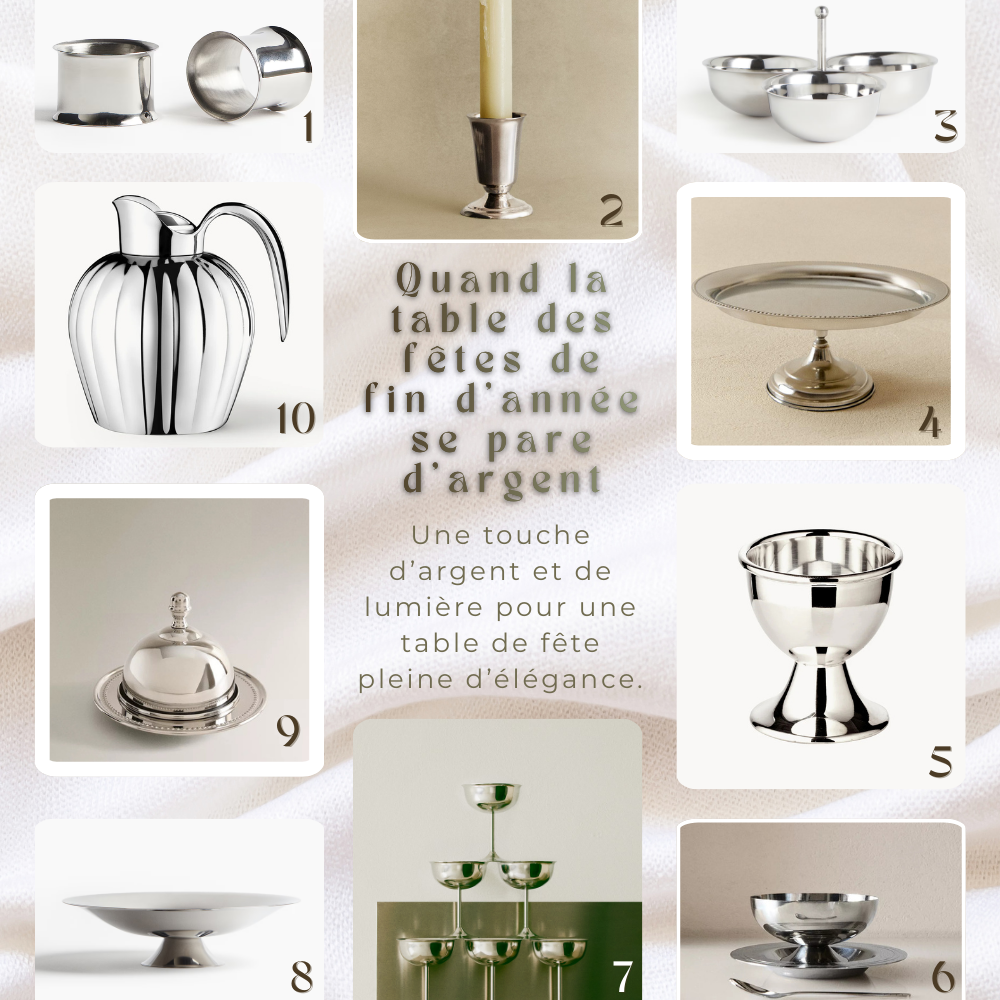 dh shop metal argente decoration table deliciouslyhome1 dix objets en métal argenté : coquetier, bougeoir avec bougie, coupe triple, plateau sur pied, autre coquetier, service de coupes empilées, large coupe basse, cloche argentée, pichet strié et coupe individuelle. Article “Quand la table des fêtes de fin d'année se pare d’argent”, à découvrir sur Deliciously Home.
