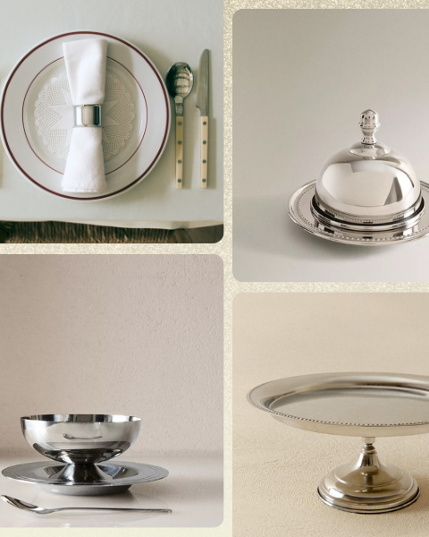 10 favoris en métal argenté/inox : service de coupes empilées, assiette et serviette avec rond de serviette argenté, cloche argentée, bougeoir avec bougie, pichet strié, coupe avec soucoupe et cuillère, plateau sur pied et coquetier. Les images sont disposées en grille sur fond beige et blanc. Article à découvrir sur Deliciously Home