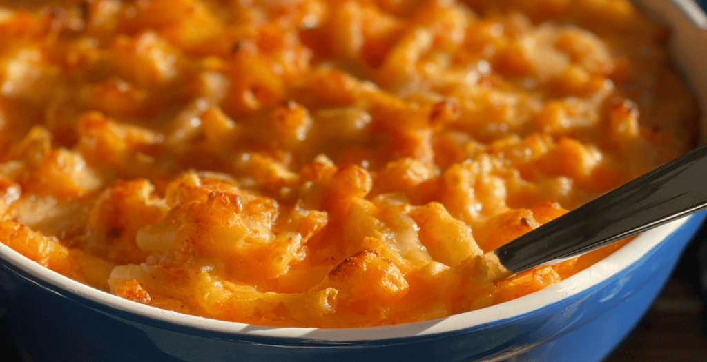 Mac and cheese à la patate douce à la surface dorée, un plat généreux proposé sur Deliciously Home.