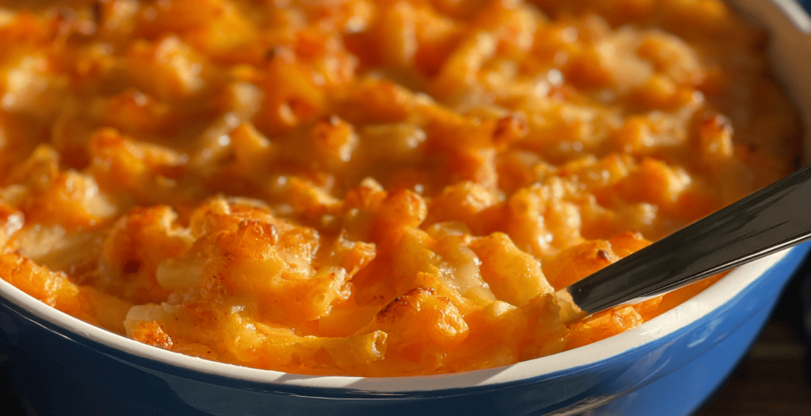 Mac and cheese à la patate douce à la surface dorée, un plat généreux proposé sur Deliciously Home.