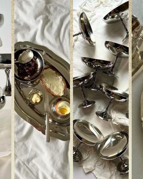 Objets en métal argenté mis en scène dans une lumière douce. Les reflets du métal se mêlent aux blancs et aux ombres subtiles, rappelant l’atmosphère silencieuse et précieuse des tables anciennes. Découvrez ce carnet de curiosités sur Deliciously Home.