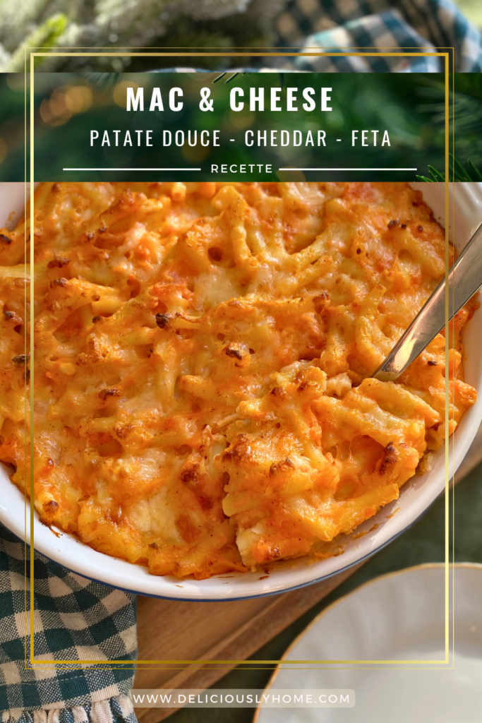 Mac and cheese à la patate douce, cheddar et feta : une version gourmande et colorée présentée sur Deliciously Home.