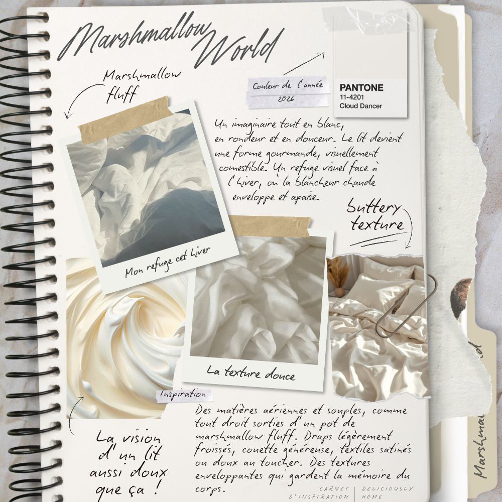Carnet d’inspiration décoration autour du blanc, du confort et de l’esthétique marshmallow. Inspiration déco à découvrir sur Deliciously Home.