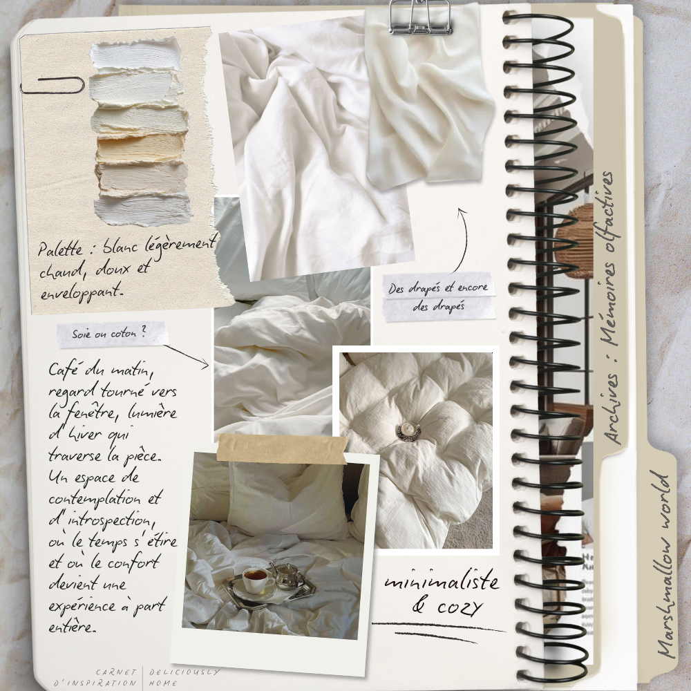 Décoration intérieure blanche et cocooning, textures douces et lit refuge. Carnet d’inspiration blanc à découvrir sur Deliciously Home.