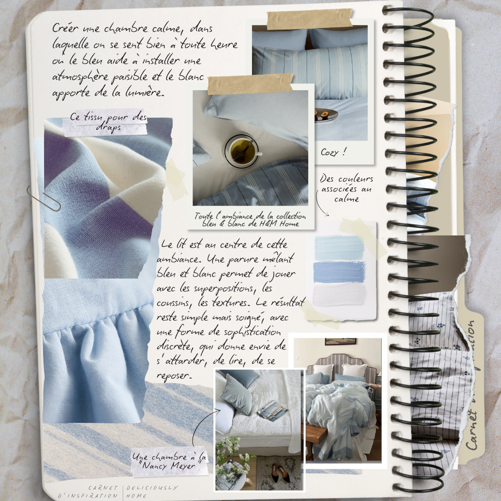 Page de carnet consacrée à une chambre hivernale apaisante, où le bleu et le blanc sont utilisés pour créer un lit accueillant, calme et propice au repos.