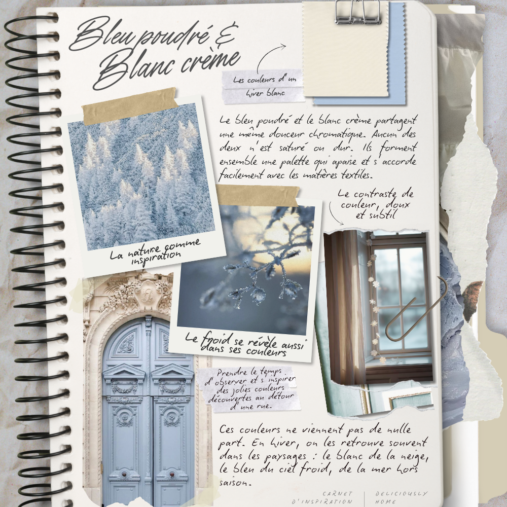 Page de carnet d’inspiration autour du bleu poudré et du blanc crème, associant paysages d’hiver, détails architecturaux et réflexions sur la douceur des couleurs en saison froide.
