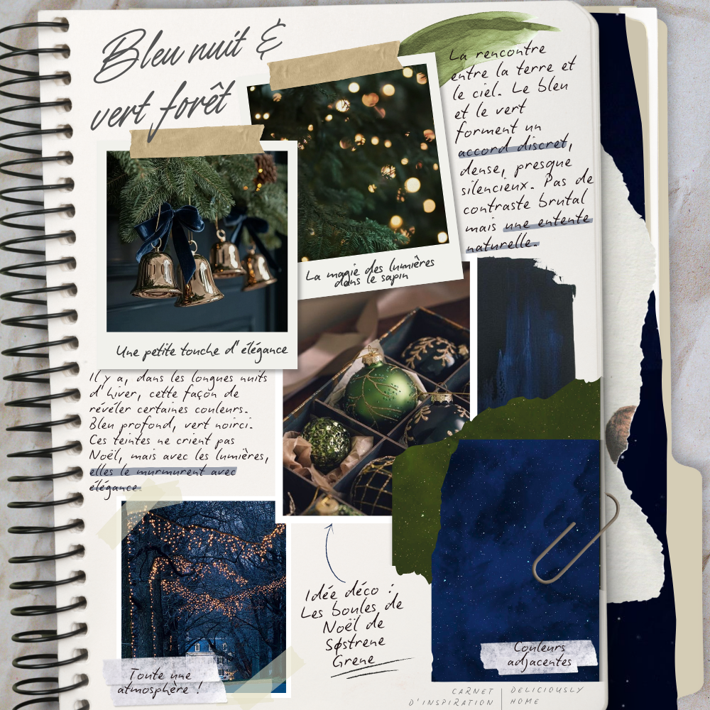 carnet d'inspiration de Noël élégant aux tons bleu nuit et vert sapin, avec rubans en tartan, boules de velours, grelots dorés et paquets cadeaux inspirés du style Ralph Lauren. À retrouver sur Deliciously Home.