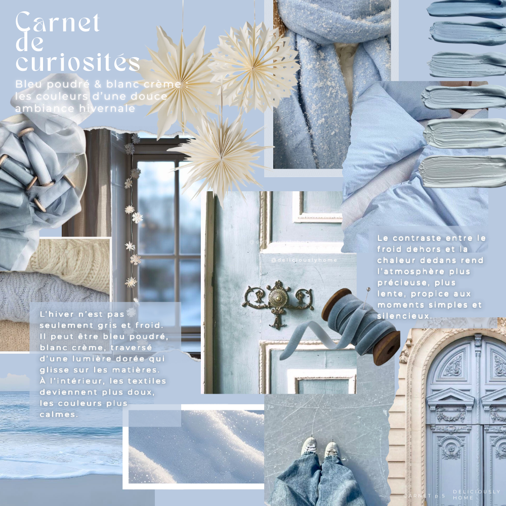 Collage hivernal en bleu poudré et blanc crème mêlant textiles doux, étoiles en papier, lumière d’hiver, fenêtre, neige, mer et détails d’intérieur pour une ambiance calme et réconfortante. Carnet de curiosités à découvrir sur Deliciously Home.