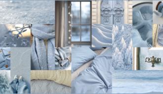 Mosaïque hivernale en bleu poudré et blanc crème mêlant neige, mer d’hiver, textiles doux, fenêtres, portes anciennes et détails de matières pour une ambiance calme et enveloppante.