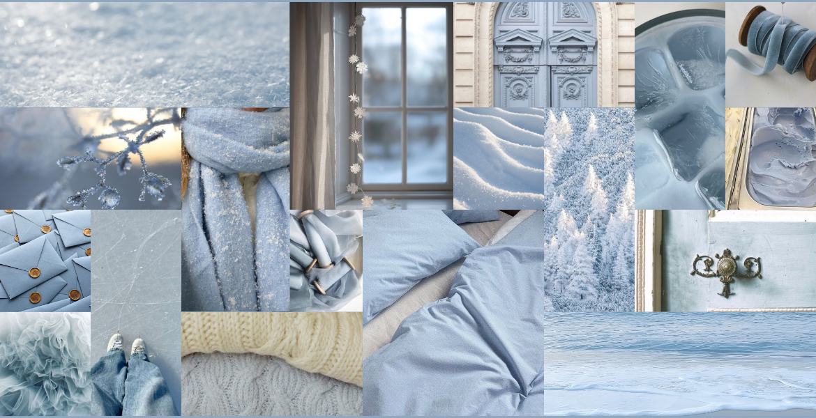 Mosaïque hivernale en bleu poudré et blanc crème mêlant neige, mer d’hiver, textiles doux, fenêtres, portes anciennes et détails de matières pour une ambiance calme et enveloppante.