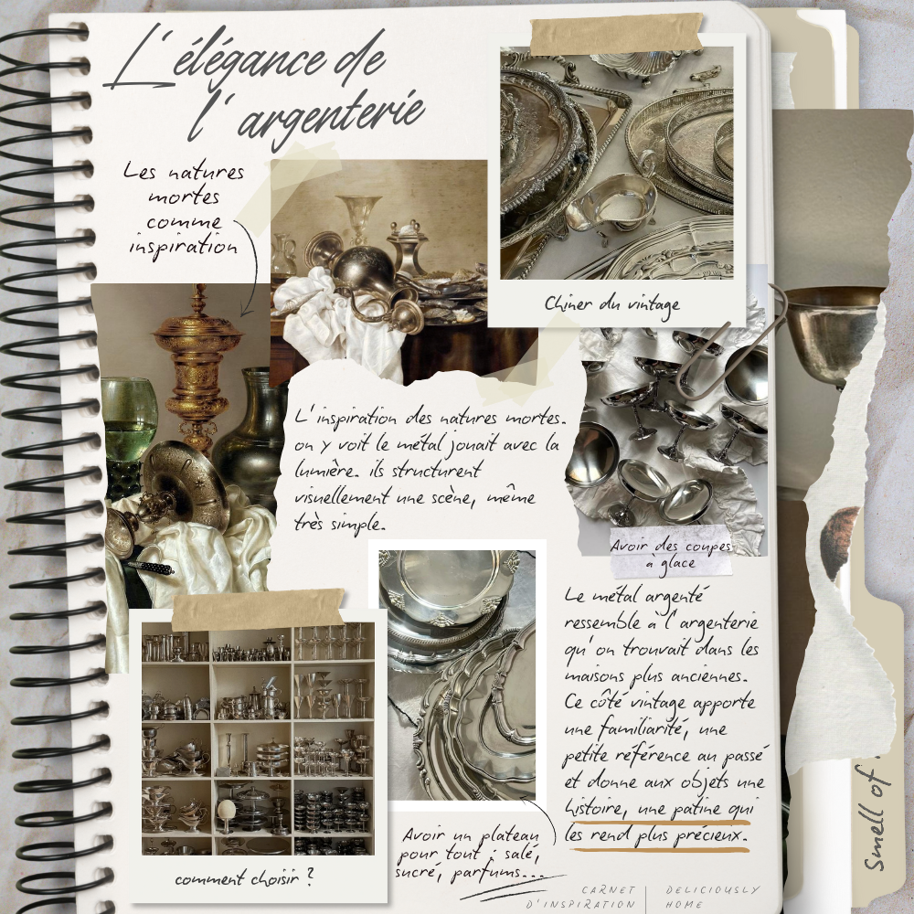 carnet metal argente inox deliciously home 1 carnet d'inspiration autour du métal argenté et de ses jeux de lumière : natures mortes, couverts anciens, coupes et plateaux brillants. Une ambiance calme et chaleureuse qui évoque l’éclat discret d’une table de fête. Découvrez ce carnet de curiosités sur Deliciously Home.