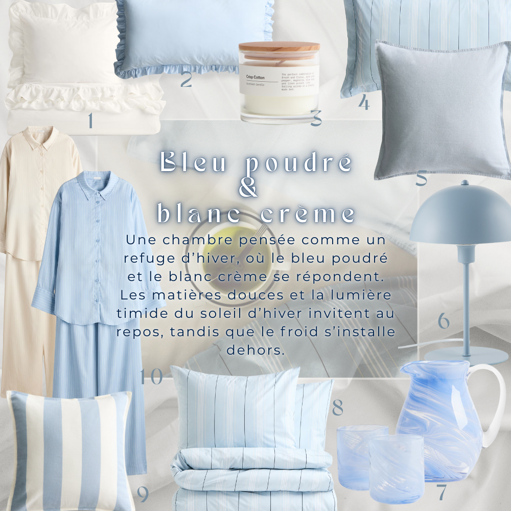 dh shop bleu blanc color combinaison winter deliciouslyhome 1 Moodboard bleu poudré et blanc crème pour une chambre d’hiver, mêlant textiles doux, coussins, linge de lit, lampe bleue et verrerie, évoquant une atmosphère chaleureuse, calme et confortable.