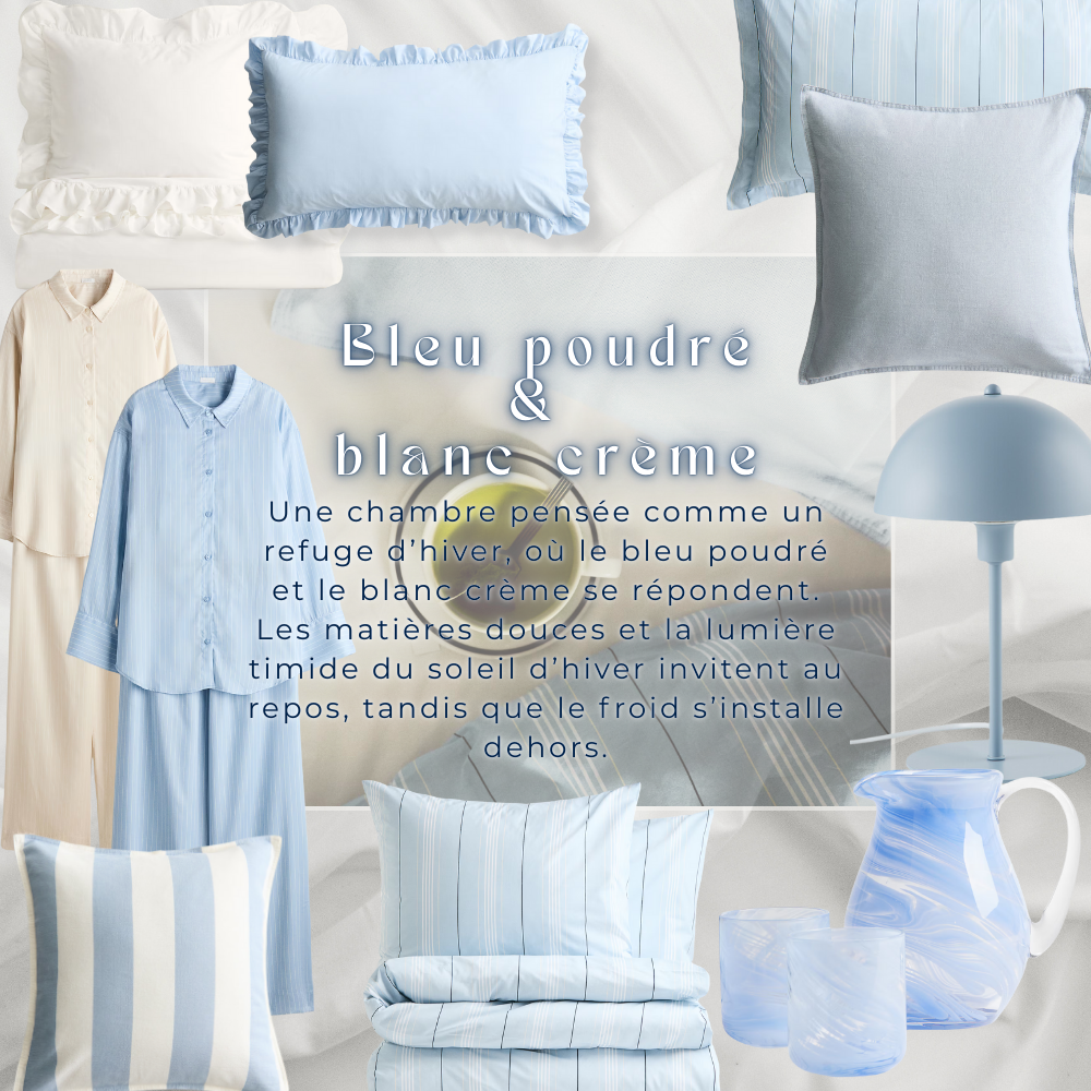 dh shop bleu blanc color combinaison winter deliciouslyhome 2 Sélection déco et textile pour une chambre hivernale aux tons bleu poudré et blanc crème, avec coussins, linge de lit, vêtements d’intérieur, lampe et objets en verre, présentés comme une ambiance cozy et apaisante.