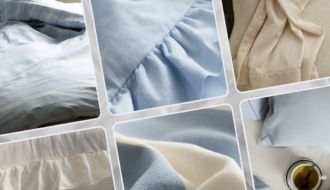 Composition de matières et de teintes bleu poudré et blanc crème, inspirée d’une ambiance de chambre d’hiver apaisante.