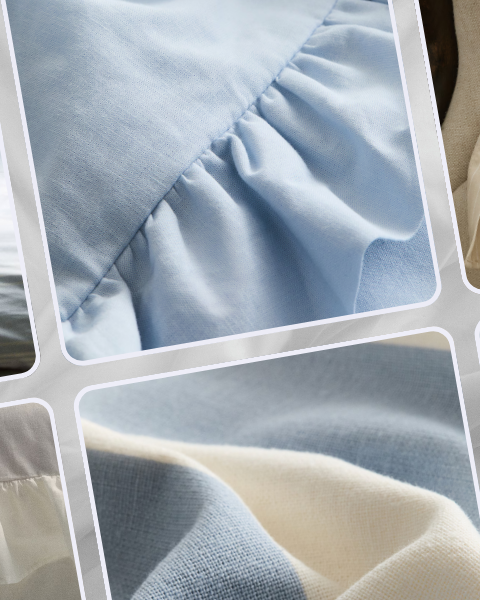 Composition de matières et de teintes bleu poudré et blanc crème, inspirée d’une ambiance de chambre d’hiver apaisante.