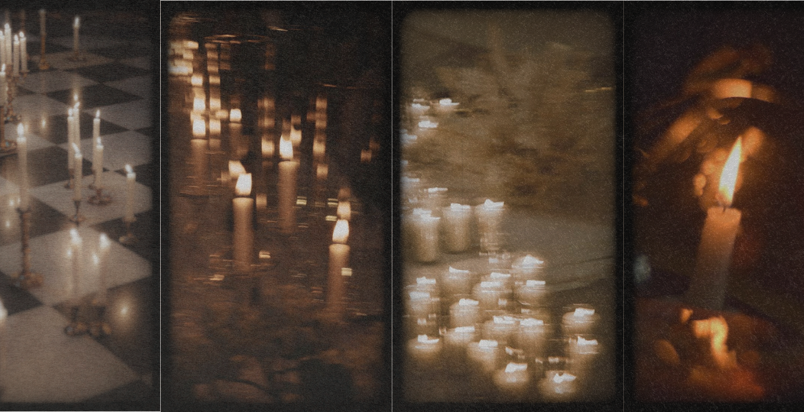 Composition visuelle de bougies allumées disposées au sol et sur des surfaces réfléchissantes, avec effets de flou et lumière tamisée, créant une ambiance hivernale sombre et chaleureuse.
