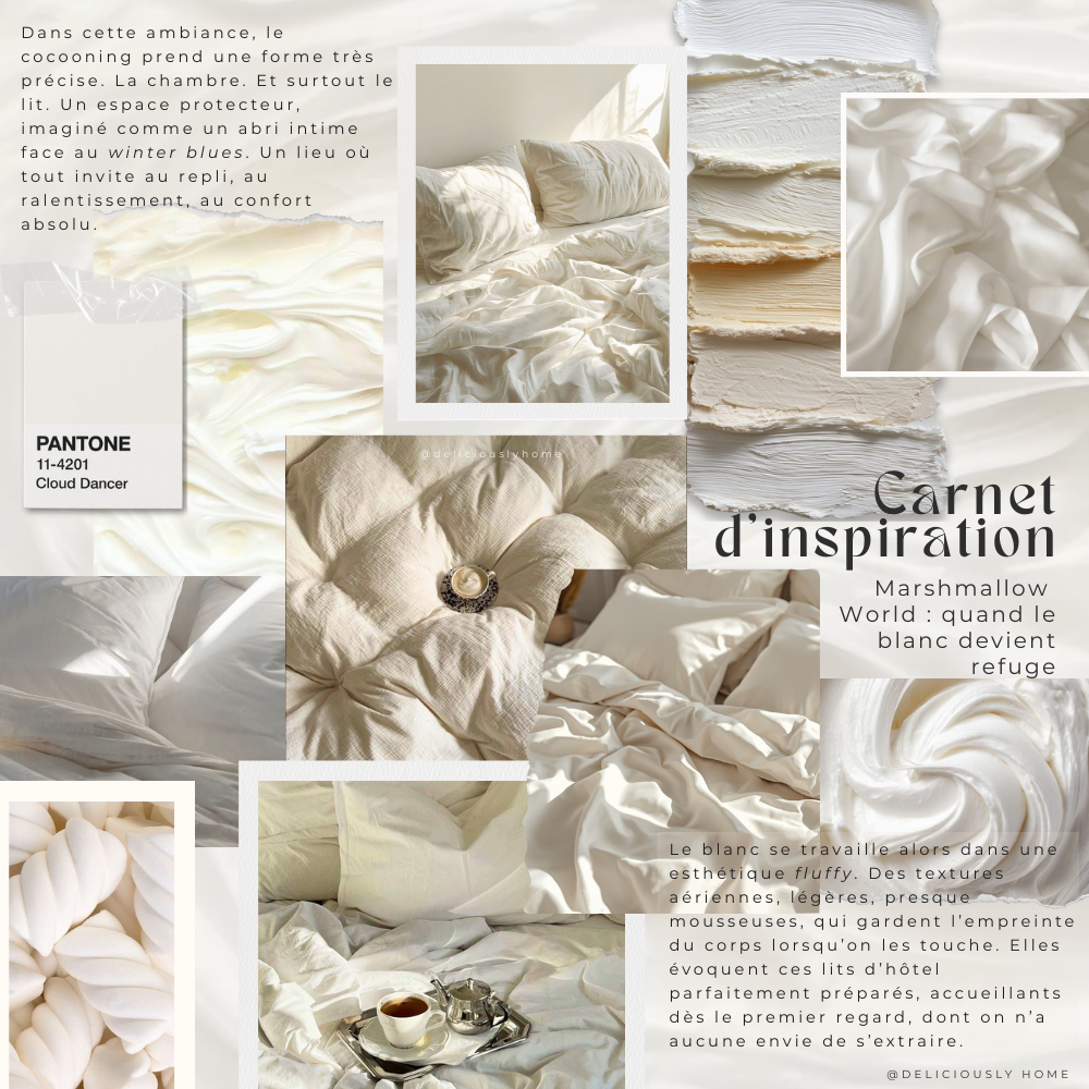 Moodboard décoration blanc et marshmallow, inspiration chambre cocooning et textures textiles. Carnet d’inspiration à lire sur Deliciously Home.