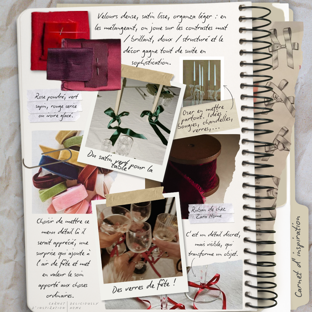 Carnet d'inspiration sur l'élégance des noeuds en ruban en velours et satin, sur table, portes et cadeaux, dans des tons rouges, verts, roses et ivoire. À découvrir sur www.deliciouslyhome.com
