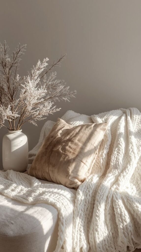 soft minimalism white winter deliciouslyhome 11 Canapé clair habillé de plaids texturés et coussins naturels, palette blanche et réconfort hivernal. Douceur intérieure sur Deliciously Home