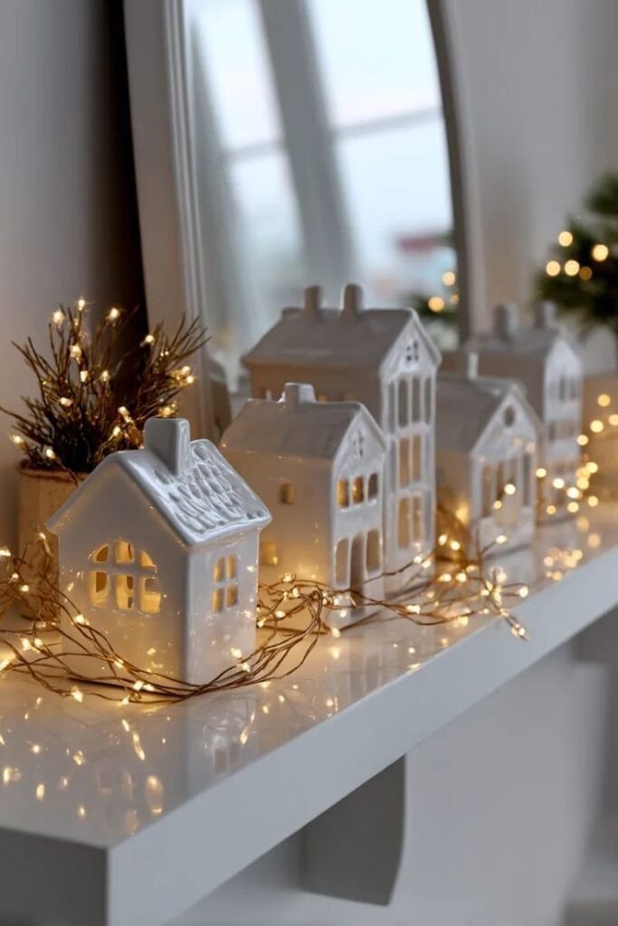 soft minimalism white winter deliciouslyhome 23 Maisons en céramique blanche illuminées sur une étagère avec guirlande lumineuse. Décor d’hiver apaisant et soft minimalism sur Deliciously Home
