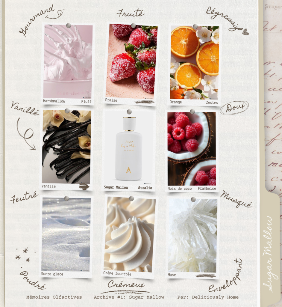 sugar mallow atralia article deliciouslyhome 3 1 Univers olfactif de Sugar Mallow d’Atralia : marshmallow, fraise juteuse, orange zestée, vanille et musc crémeux, illustrant une gourmandise douce et régressive sur Deliciously Home.