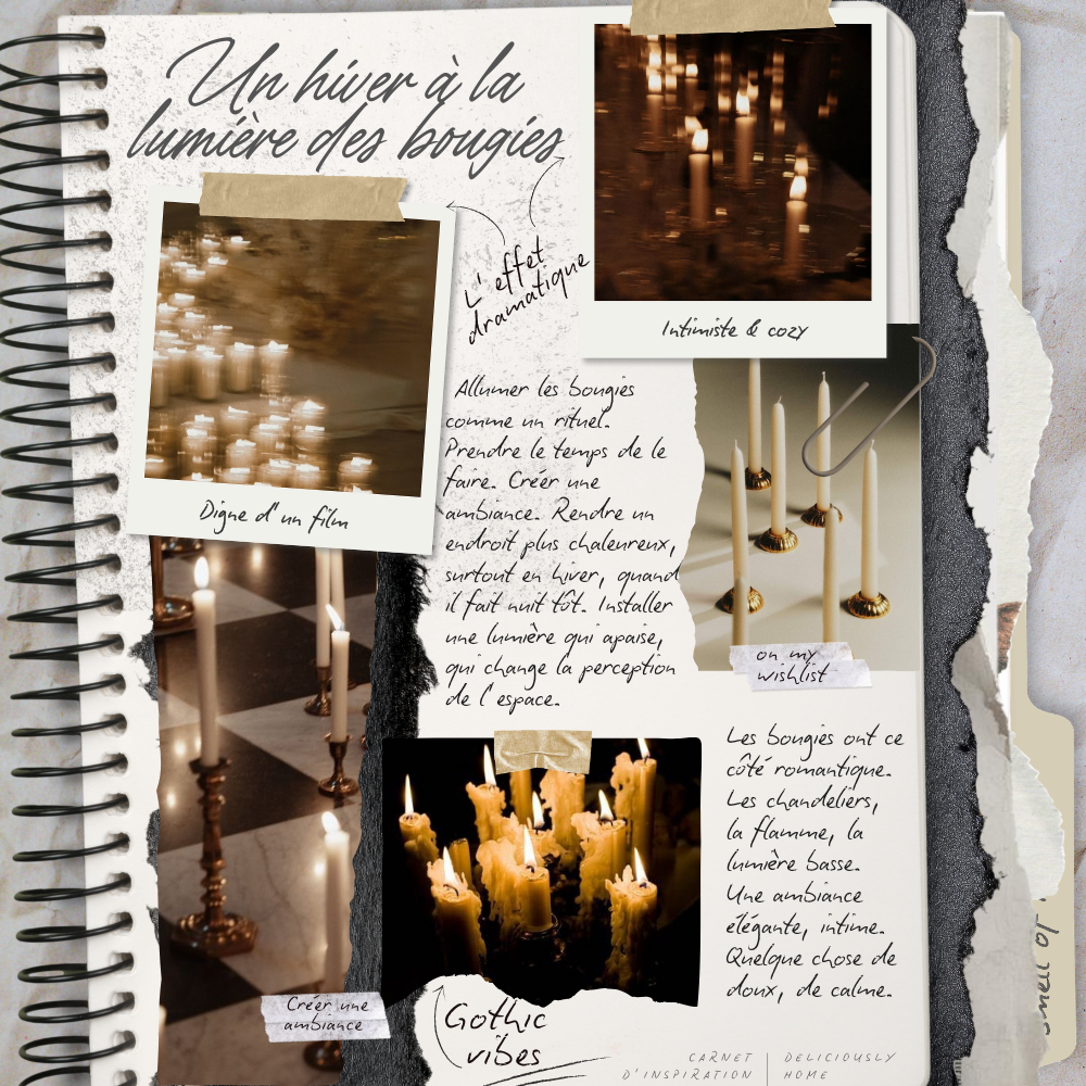 Page de carnet d’inspiration avec collages de photos de bougies allumées, chandeliers, lumière tamisée et annotations manuscrites, illustrant l’idée d’un rituel hivernal et d’une ambiance chaleureuse créée par la lumière des bougies.
