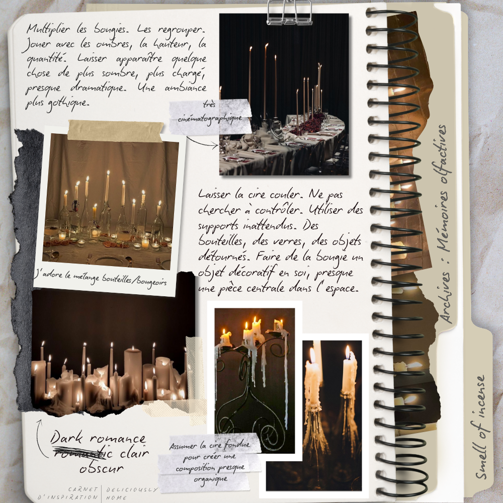 Page de carnet d’inspiration présentant des compositions de bougies multiples, cire fondue apparente, supports détournés comme des bouteilles et chandeliers, avec des notes manuscrites évoquant une ambiance sombre, dramatique et gothique.