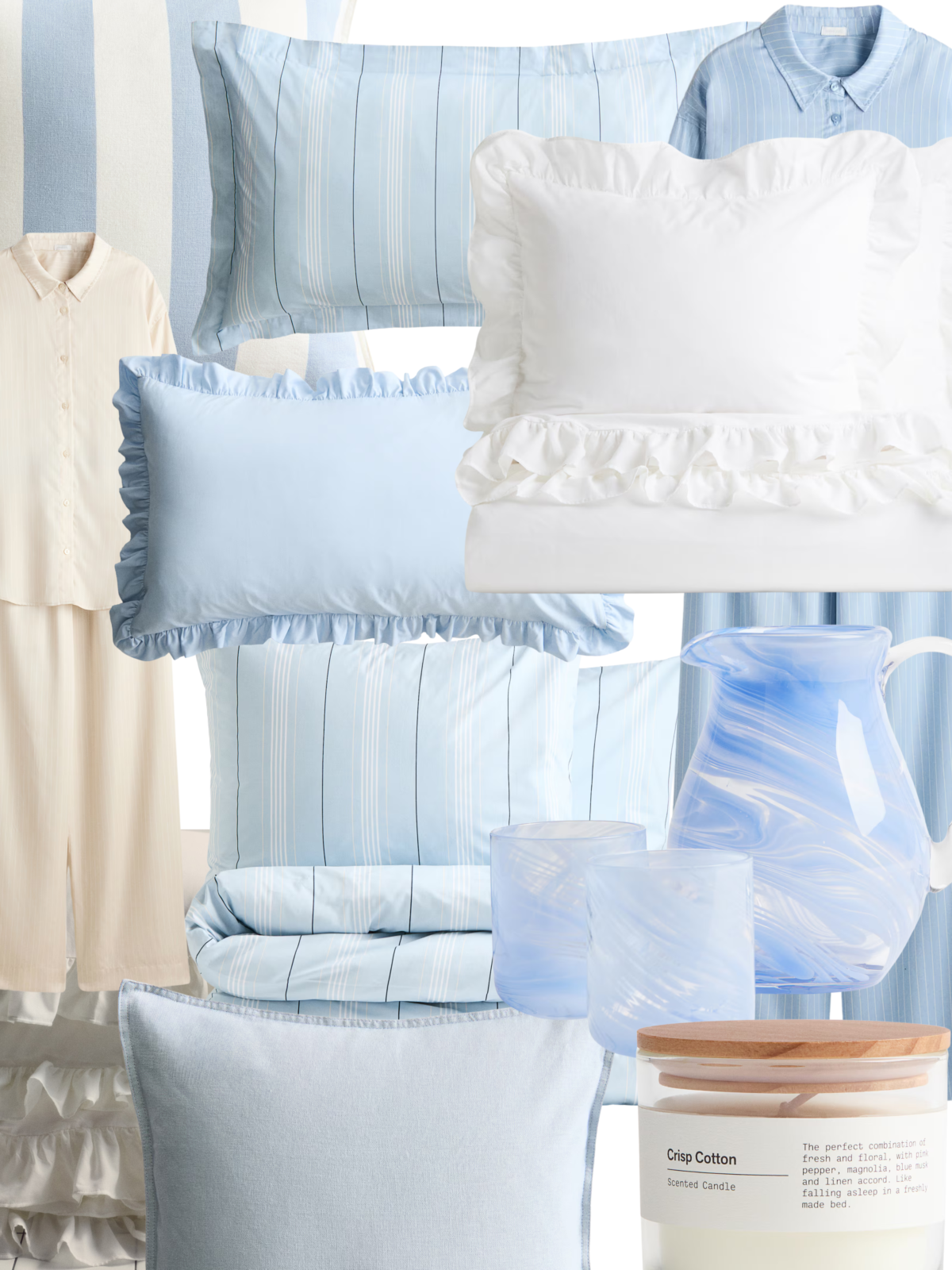 Sélection d’objets de décoration intérieure : textiles bleu pastel, coussins, draps, verrerie marbrée et bougie, Deliciously Home.