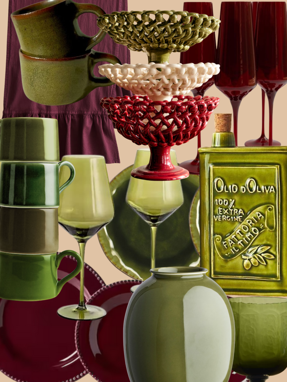 Sélection d’objets pour la cuisine et la table : vaisselle verte, verres bordeaux, plats en céramique et accessoires décoratifs, Deliciously Home.